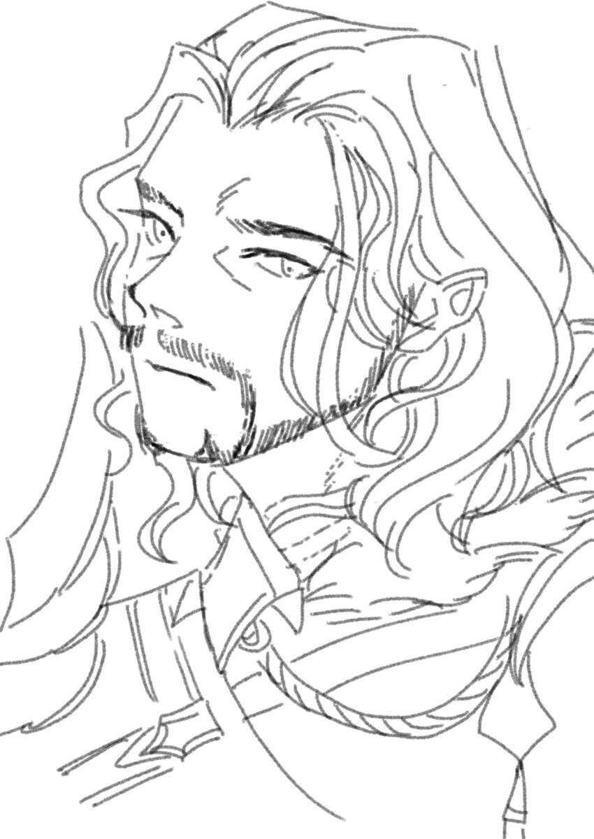 1boy, beachsandal720, beard_stubble, black_king_(grimms_notes), closed_mouth, facial_hair, grimms_notes, highres, long_hair, looking_at_viewer, male_focus, protected_link, sketch, solo, stubble, upper_body, white_background