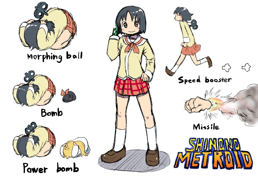 2girls, android, bad_id, bad_pixiv_id, black_hair, blonde_hair, blush, bow, brown_eyes, cat, child, clenched_hand, english_text, gun, kamiyama_kenta, long_hair, metroid, missile, multiple_girls, nichijou, nintendo, parody, professor_shinonome, sakamoto_(nichijou), scarf, school_uniform, shinonome_nano, short_hair, skirt, title_parody, tokisadame_school_uniform, weapon, winding_key