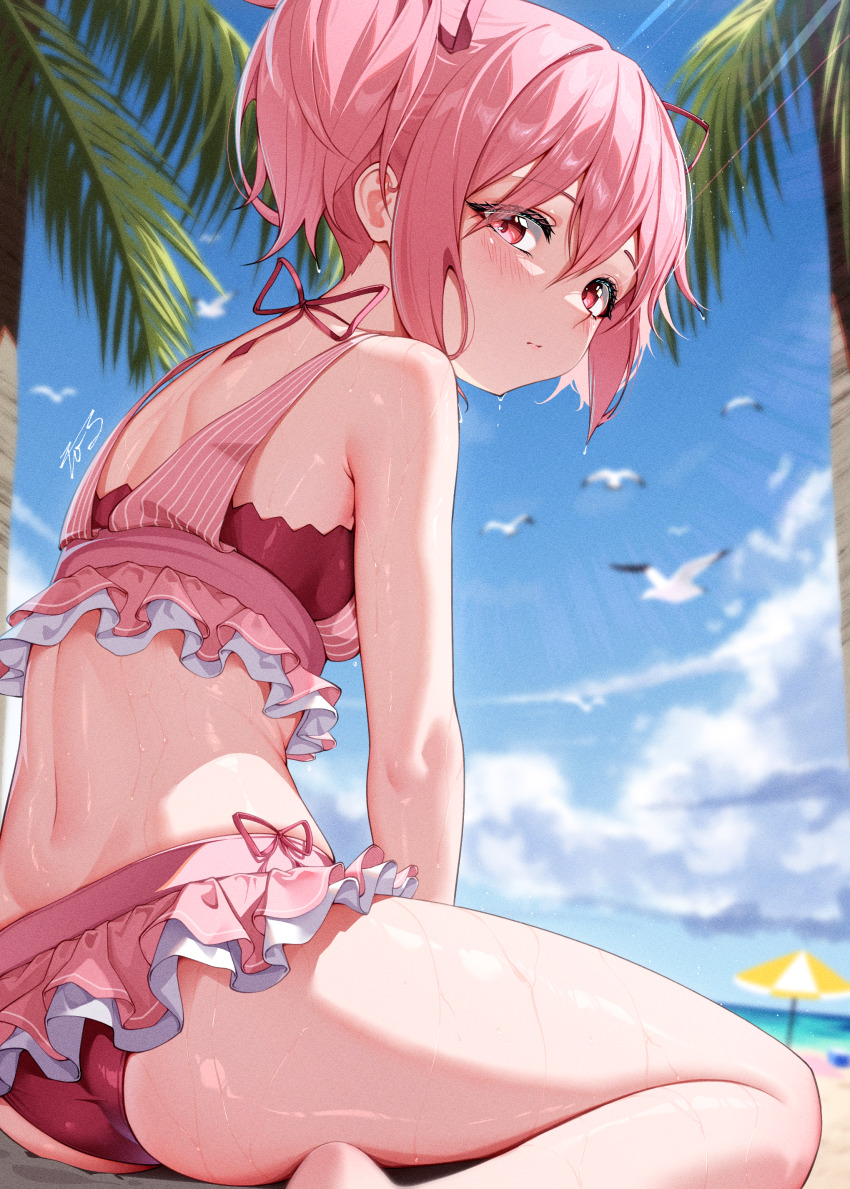 1girl, 2_ru, absurdres, ass, beach, bikini, bird, blue_sky