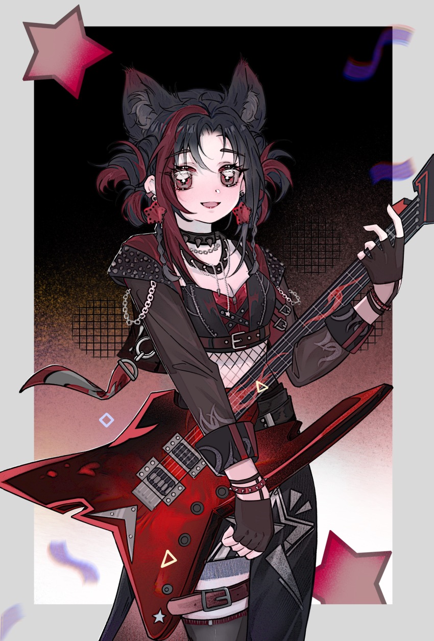 +_+, 1girl, absurdres, animal_ear_fluff, animal_ears, belt, belt_buckle, black_background, black_belt, black_choker, black_gloves, black_hair, black_shirt, black_skirt, black_thighhighs, border, bracelet, breasts, brown_belt, brown_eyes, buckle, chain, chest_belt, chinese_commentary, choker, cleavage, collared_jacket, commentary_request, confetti, counterflow_concerto_(infinity_nikki), cowboy_shot, crop_top, dot_nose, electric_guitar, extra_ears, eyelashes, fingerless_gloves, fishnets, gloves, gradient_background, grey_border, grey_jacket, grid_background, guitar, hair_rings, hair_tie, highres, huaerdileichenghua, infinity_nikki, instrument, jacket, jewelry, kemonomimi_mode, leather, leather_jacket, light_blush, lips, long_skirt, long_sleeves, looking_at_viewer, midriff, multicolored_hair, multiple_bracelets, music, necklace, nikki_(series), open_clothes, open_jacket, open_mouth, outside_border, parted_bangs, pink_lips, playing_guitar, playing_instrument, print_skirt, procreate_(medium), punk, red_background, red_belt, red_hair, red_shirt, shirt, short_hair_with_long_locks, side_slit, skirt, sleeve_cuffs, sleeveless, sleeveless_shirt, smile, solo, spiked_choker, spikes, standing, star_(symbol), star_print, streaked_hair, studded_belt, studded_bracelet, thigh_belt, thigh_strap, thighhighs, two-tone_background, two-tone_hair, two-tone_shirt, wolf_ears