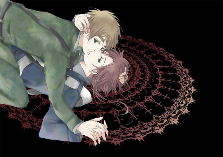 axis_powers_hetalia, black_background, blonde_hair, green_eyes, holding_hands, military, military_uniform, red_hair, scotland_(hetalia), short_hair, united_kingdom_(hetalia)