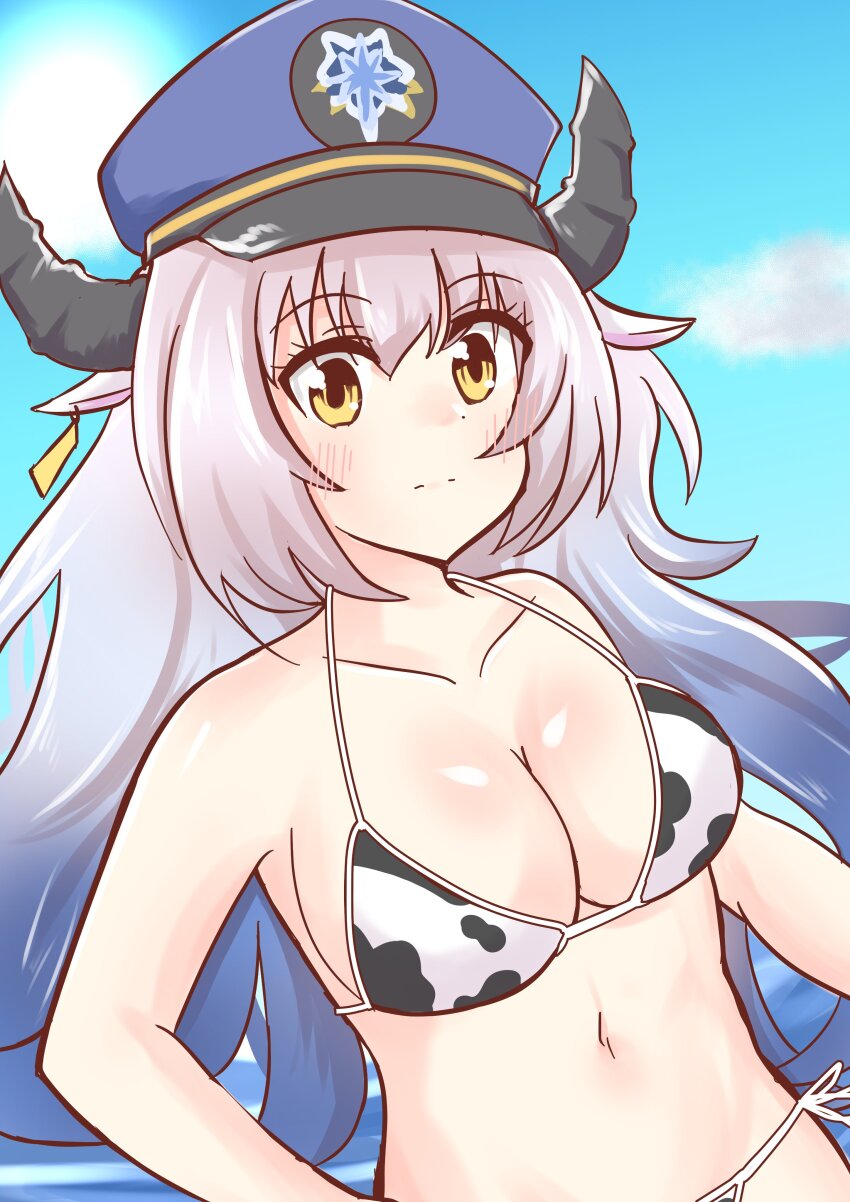 1girl, absurdres, blue_hat, breasts, closed_mouth, grey_hair, grimms_notes, grimms_notes_gakuen, hat, highres, large_breasts, long_hair, mir_inverno_(gakuen)_(grimms_notes), mir_inverno_(grimms_notes), navel, sinocya_nanami, solo, upper_body, yellow_eyes