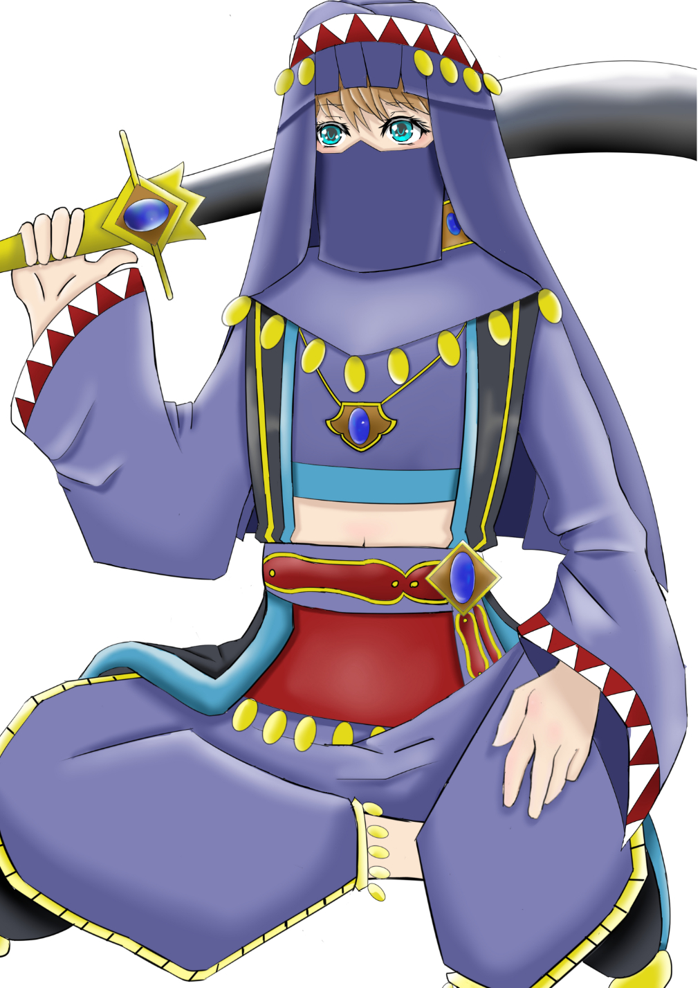 1girl, aqua_eyes, arabian_clothes, brown_hair, desert_assassin_(grimms_notes), grimms_notes, highres, holding