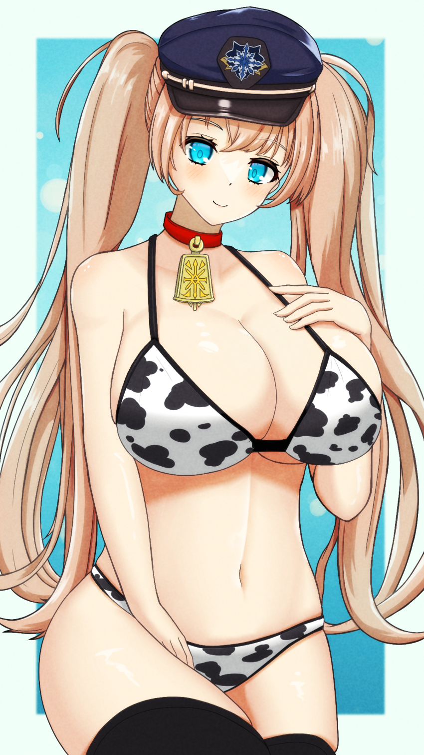 1girl, animal_print, aqua_eyes, bikini, breasts, chaos_gerda_(gakuen)_(grimms_notes), chaos_gerda_(grimms_notes), closed_mouth, cow_print, cow_print_bikini, cowboy_shot, desgosb, grimms_notes, grimms_notes_gakuen, highres, huge_breasts, looking_at_viewer, navel, print_bikini, smile, solo, swimsuit