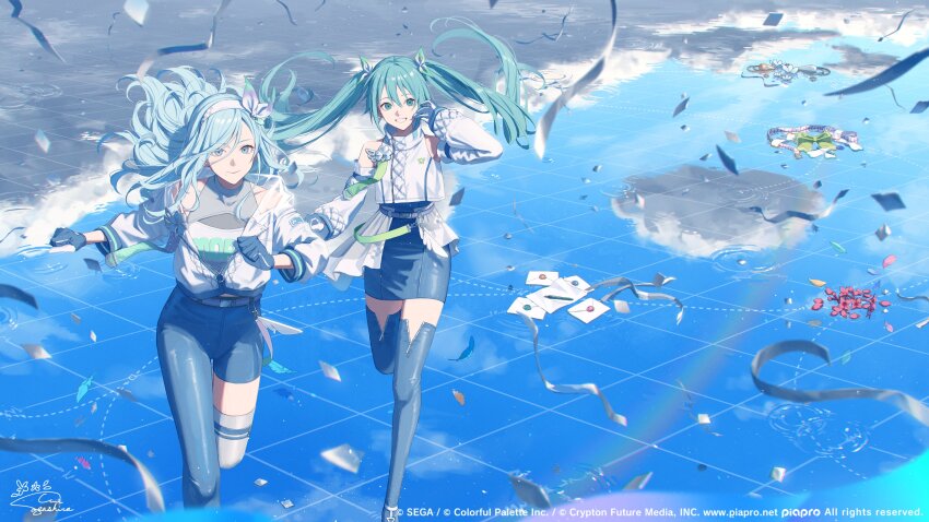 2girls, absurdres, aqua_eyes, aqua_hair, asymmetrical_pants, belted_jacket, blue_boots, blue_dress