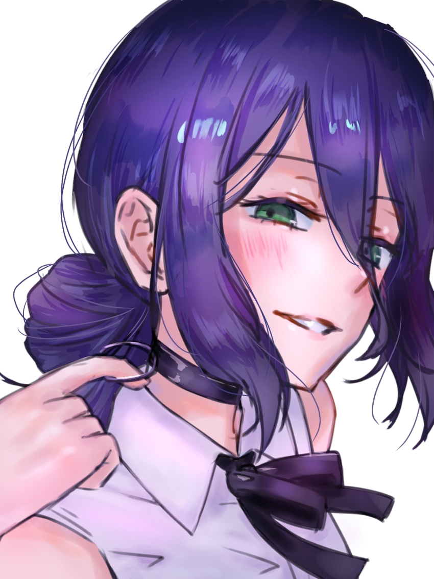 1girl, black_choker, black_ribbon, chainsaw_man, choker, collared_shirt, green_eyes, grenade_pin, hair_between_eyes, hair_bun, highres, light_blush, o2mwnb9, parted_lips, purple_hair, reze_(chainsaw_man), ribbon, shirt, simple_background, solo, white_background, white_shirt