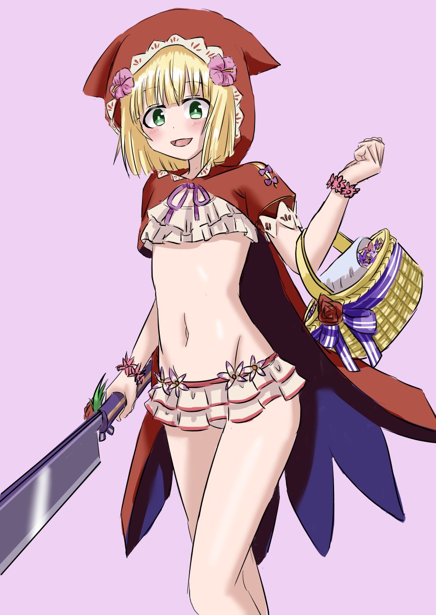 1girl, blonde_hair, grimms_notes, hand_up, highres, holding_machete, hood, hood_up, navel, open_mouth, panties, red_hood, red_riding_hood_(anime)_(grimms_notes), red_riding_hood_(grimms_notes), smile, solo, swimsuit, tsuneyuki, underwear, white_panties