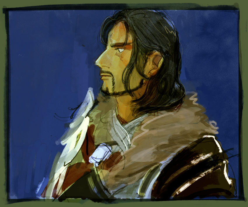 1boy, bad_id, bad_twitter_id, beard, black_king_(grimms_notes), closed_mouth, facial_hair, fur_trim, grimms_notes, highres, hikoki_ko, male_focus, profile, solo, upper_body