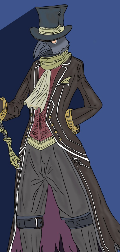 1boy, arm_behind_back, artist_request, bad_id, bad_pixiv_id, bird_boy, black_bird_(grimms_notes), black_hat, grimms_notes, hat, holding, holding_staff, male_focus, solo, staff, standing, top_hat