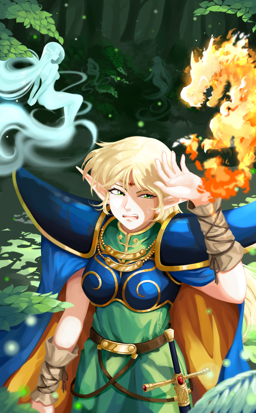 1girl, absurdres, armor, blonde_hair, blue_cape, breastplate, breasts, cape