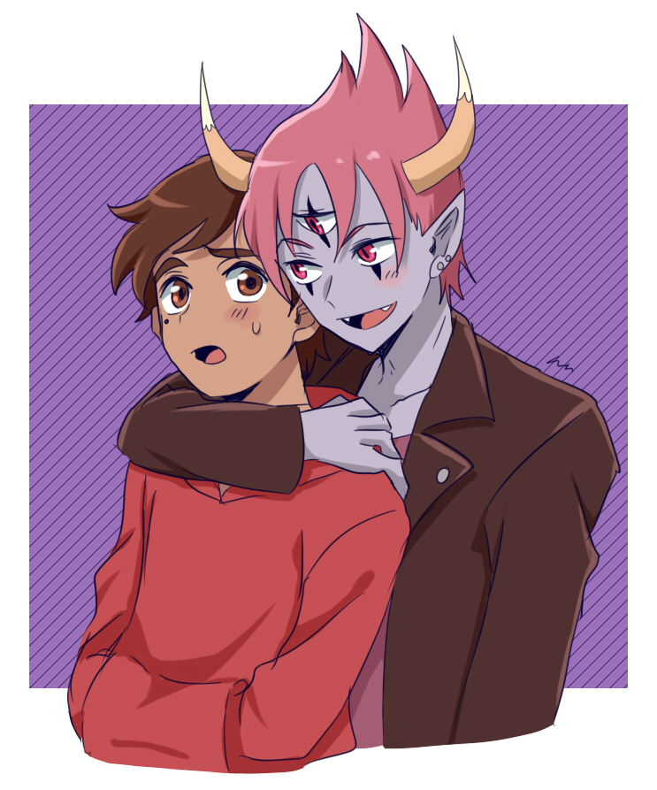 2boys, black_eyeliner, brown_hair, colored_skin, demon_boy, eyeliner, facial_mark, fangs