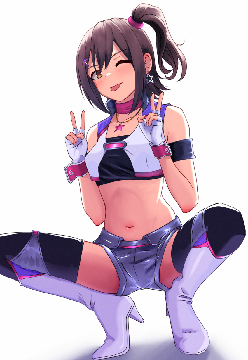 1girl, boots, breasts, brown_eyes, brown_hair, collarbone, double_v, earrings, fingerless_gloves, gloves, hair_between_eyes, hair_ornament, high_heel_boots, high_heels, highres, idolmaster, idolmaster_million_live!, jewelry, kasuga_mirai, looking_at_viewer, midriff, mingo_(min5san), navel, necklace, one_side_up, shirt, short_hair, short_shorts, shorts, small_breasts, smile, solo, spread_legs, squatting, star_(symbol), star_earrings, star_hair_ornament, star_necklace, thighs, v, white_background, white_gloves