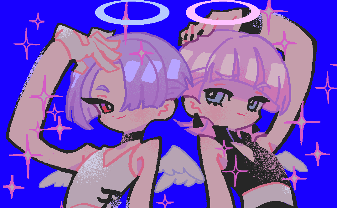 2boys, :3, angel, angel_wings, arm_up, arms_up, black_bodysuit, black_choker