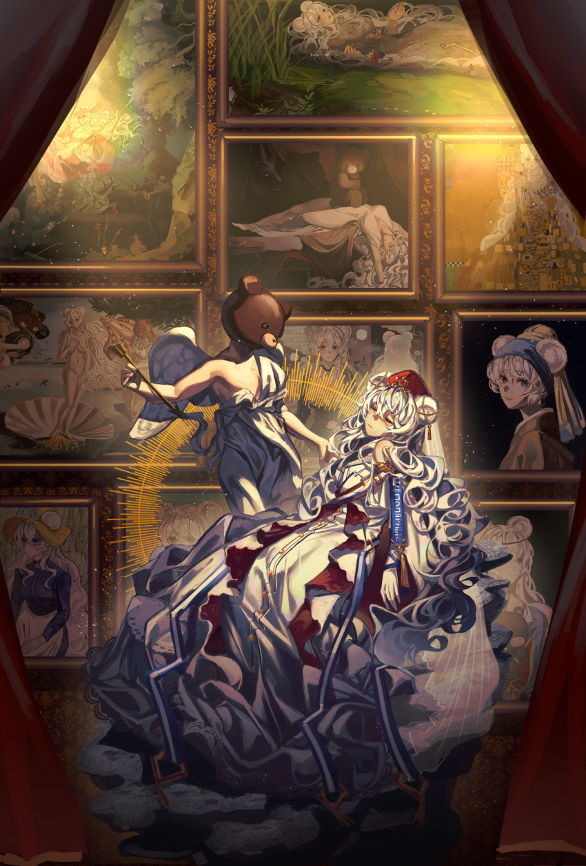 1girl, animal_ears, arknights, arrow_(projectile), bear_ears, closed_eyes, closed_mouth, dress