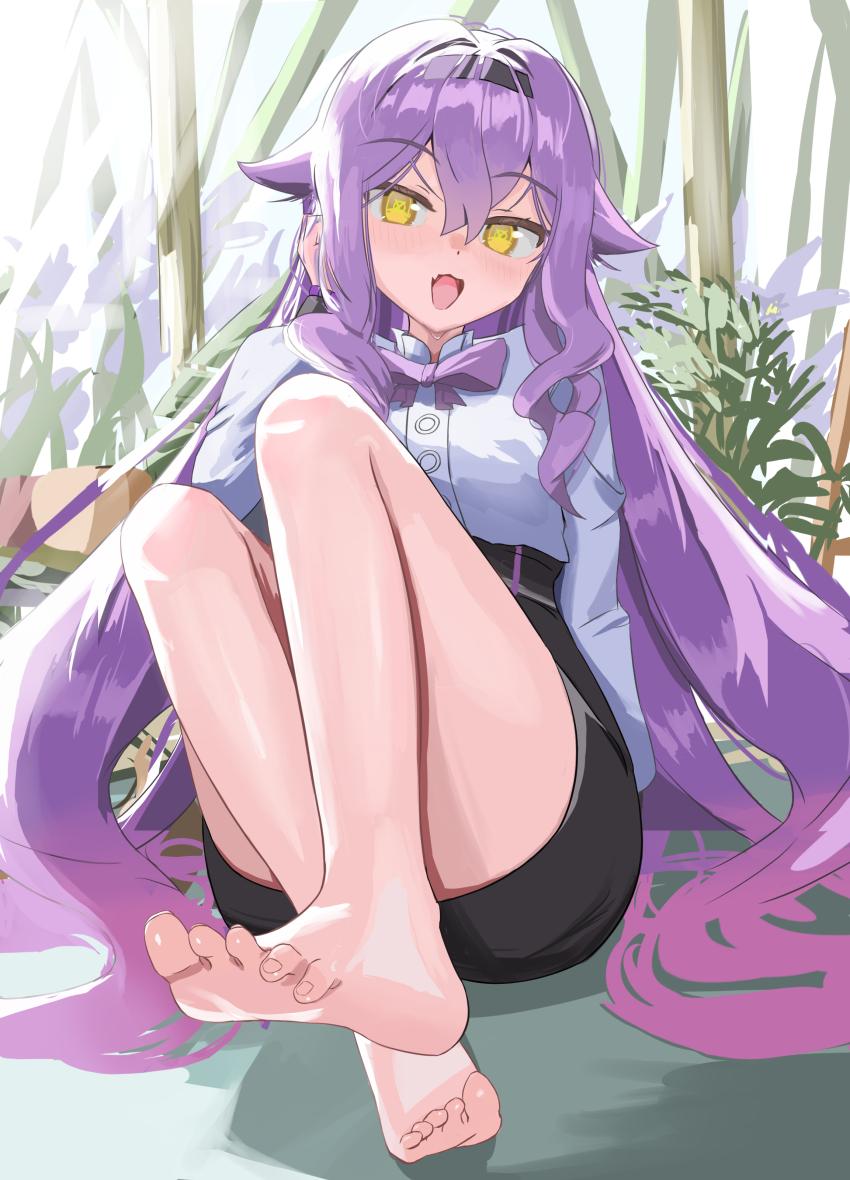 1girl, absurdres, barefoot, black_skirt, breasts, commentary_request, feet, highres, honkai_(series), honkai_impact_3rd, long_hair, masita_(kcsf3528), official_alternate_costume, open_mouth, pencil_skirt, purple_hair, shirt, sirin, sirin_(magic_academy_uniform), skirt, small_breasts, soles, solo, toes, very_long_hair, white_shirt, yellow_eyes