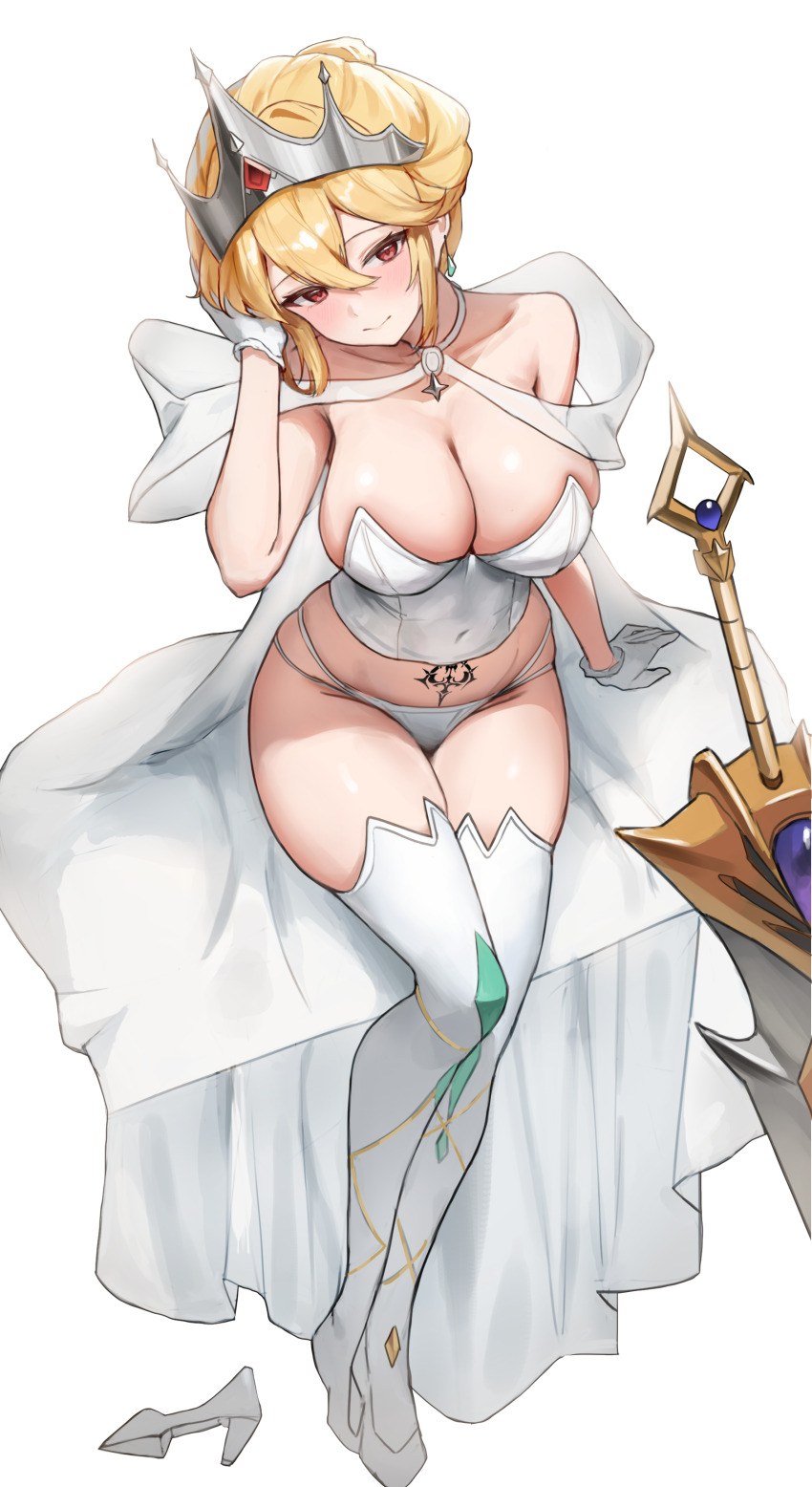 1girl, absurdres, bare_shoulders, blonde_hair, bodice, breasts, cape, choker, cleavage, closed_mouth, collarbone, commission, covered_navel, crown, gloves, hair_between_eyes, hand_up, high_heels, highres, large_breasts, looking_at_viewer, medium_hair, muhae_(dcnh8882), multi-strapped_panties, original, panties, red_eyes, shawl, shoes, sidelocks, simple_background, sitting, smile, solo, stomach_tattoo, string_panties, sword, tattoo, thighhighs, thighs, underwear, weapon, white_background, white_bodice, white_cape, white_choker, white_gloves, white_panties, white_shoes, white_thighhighs