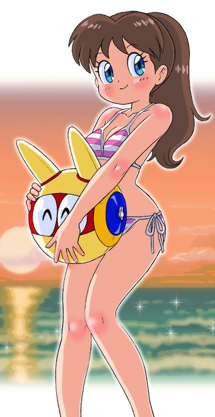 bare_legs, beach, bikini, brown_hair, genji_tsuushin_agedama, heike_ibuki, legs, long_hair, ponytail, robot, smile, sunset, swimsuit, warpro_(genji_tsuushin_agedama)