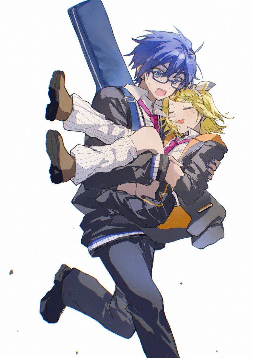 1boy, 1girl, 6_chair, absurdres, black_cardigan, black_shoes, blonde_hair, blue_eyes