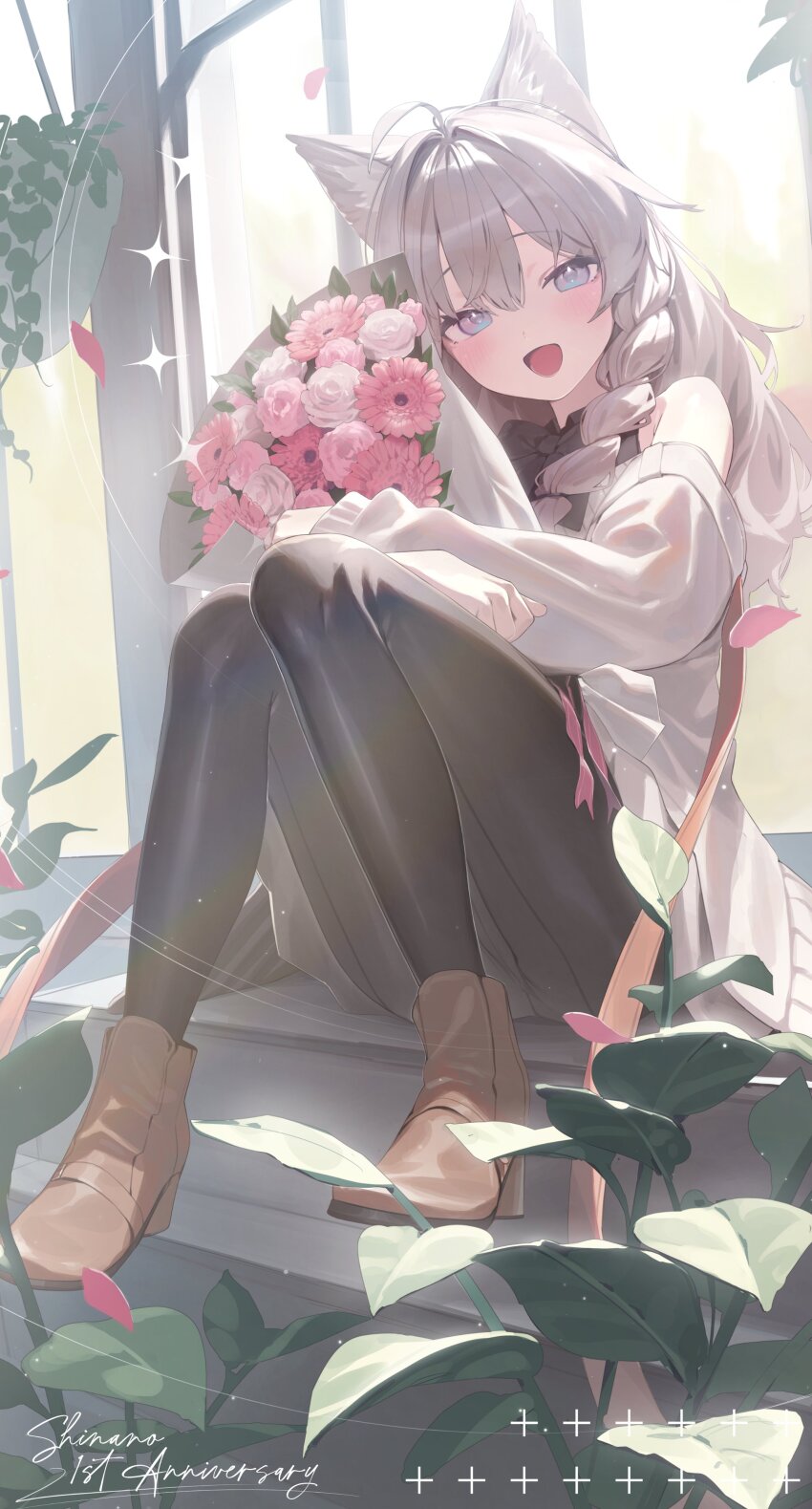 1girl, absurdres, animal_ears, bare_shoulders, black_pantyhose, black_shirt, blue_eyes, boots