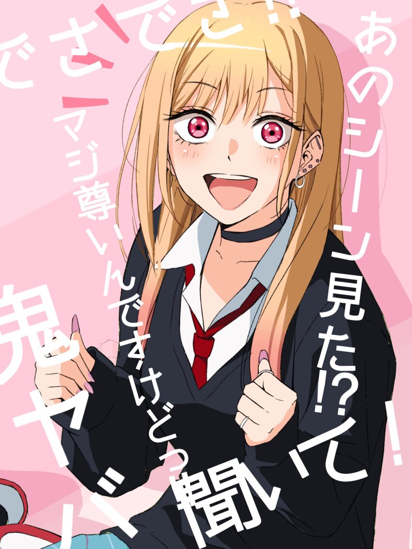 1girl, andanden, black_choker, black_shirt, blonde_hair, blush, choker, earrings