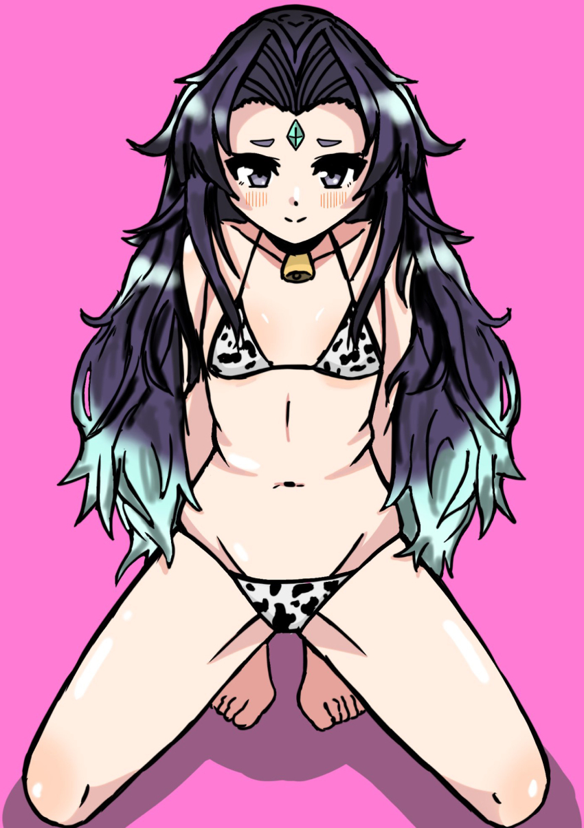 1girl, aesop_(grimms_notes), animal_print, bad_id, bad_twitter_id, bikini, blue_eyes, closed_mouth