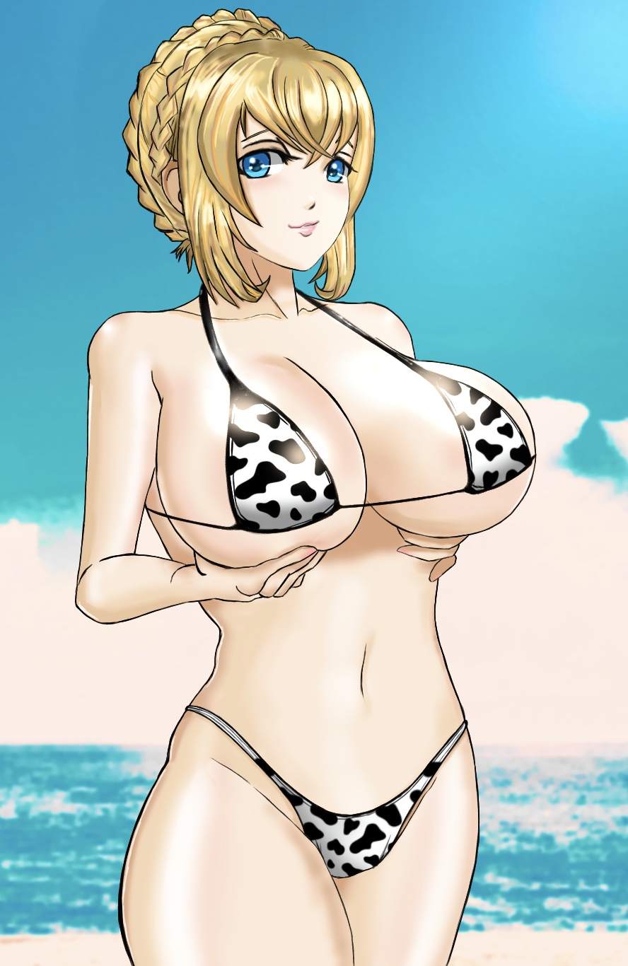 1girl, animal_print, beach, bikini, blonde_hair, breasts, bue_eyes, closed_mouth, cow_print, cow_print_bikini, gamodrilln, grabbing_own_breast, grimms_notes, highres, huge_breasts, marie_antoinette_(grimms_notes), marie_antoinette_(original)_(grimms_notes), navel, print_bikini, solo, standing, swimsuit