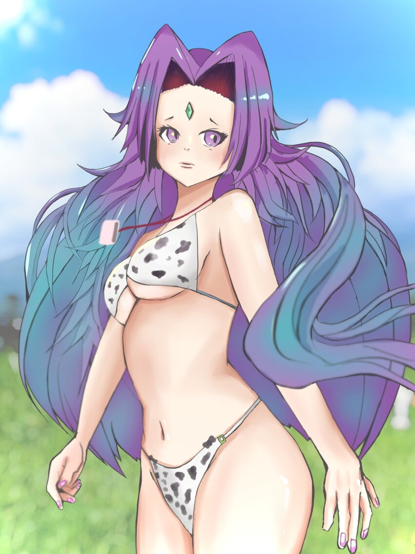 1girl, aesop_(grimms_notes), animal_print, bad_id, bad_twitter_id, bikini, blue_hair, breasts