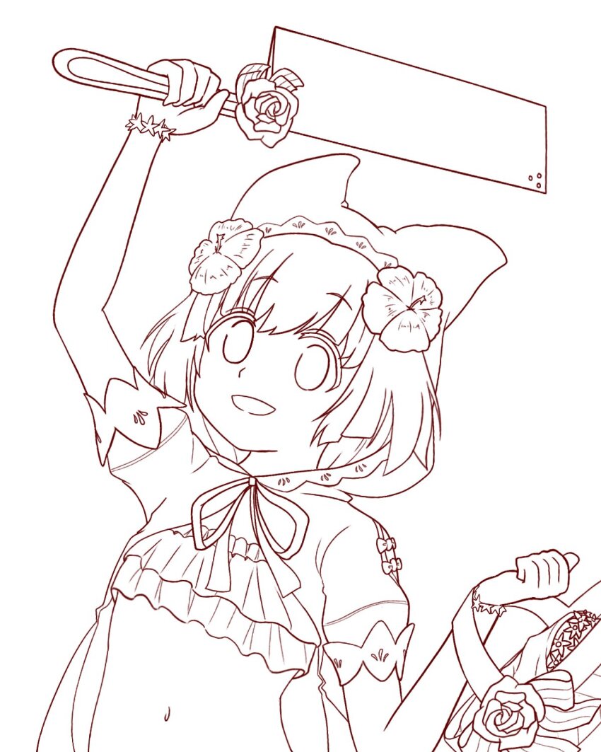 1girl, arm_up, edgar0ekaki, grimms_notes, highres, holding_machete, monochrome, navel