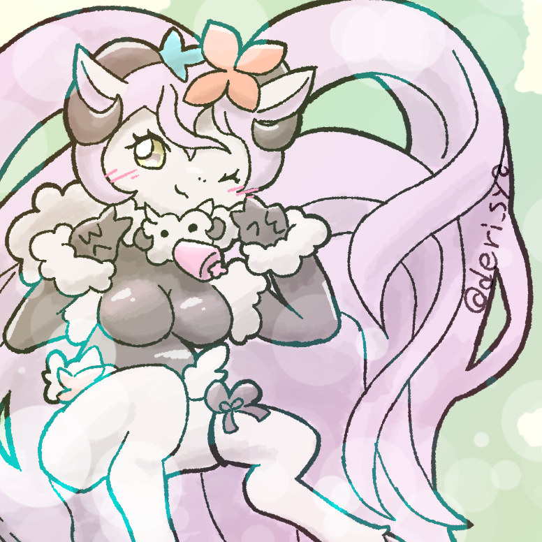 1girl, breasts, double_v, furry, furry_female, grimms_notes, hands_up, kurokyapu, mystical_beast_ephemero_(grimms_notes), mystical_beast_ephemero_(original)_(grimms_notes), one_eye_closed, pink_hair, sheep_girl, solo, v, yellow_eyes