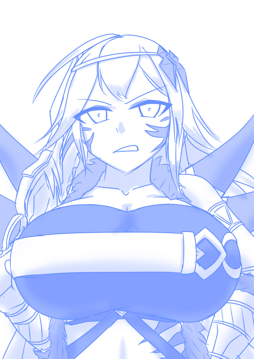 1girl, alexandra_(grimms_notes), breasts, facial_tattoo, grimms_notes, hair_ornament, highres, huge_breasts