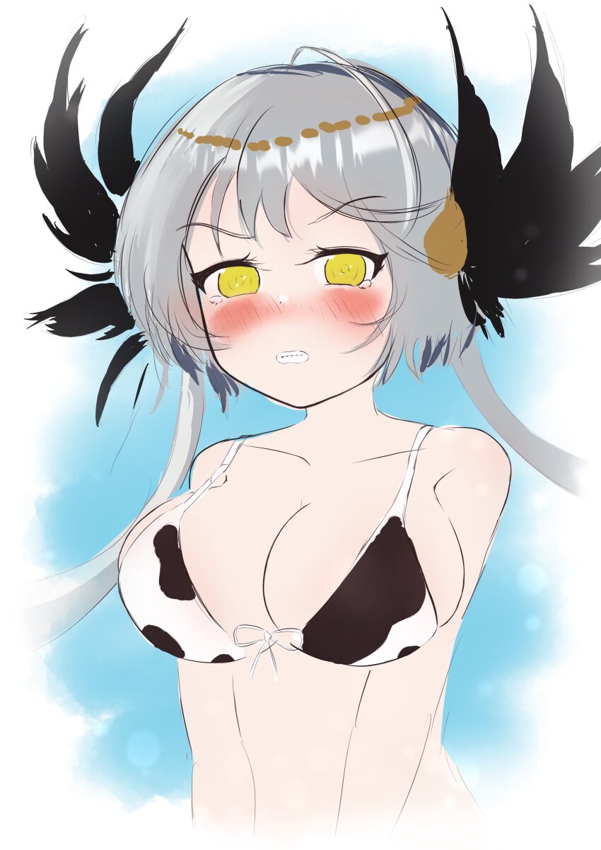 absurdres, animal_print, bikini, black_wings, blush, breasts, chaos_karen_(grimms_notes), clenched_teeth