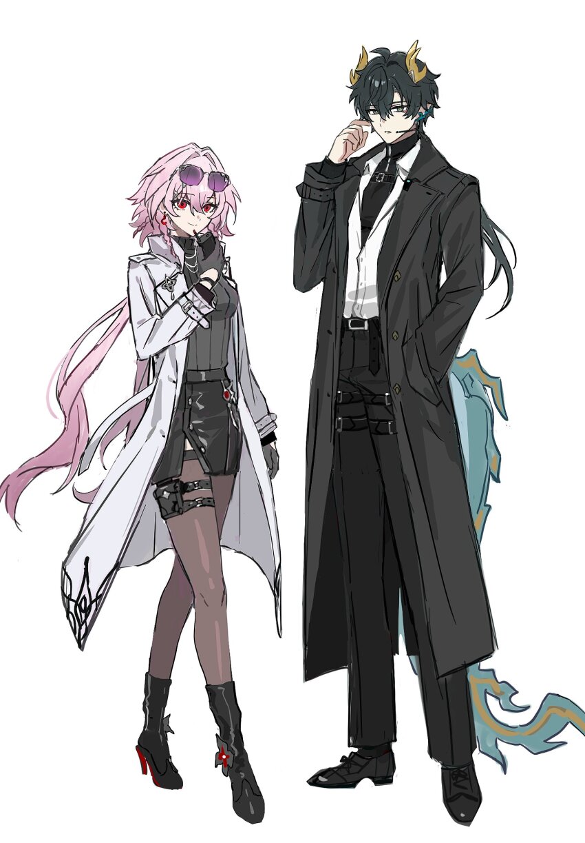 0p78xopwsj83779, 1boy, 1girl, belt, black_coat, black_hair, black_pants, black_shoes