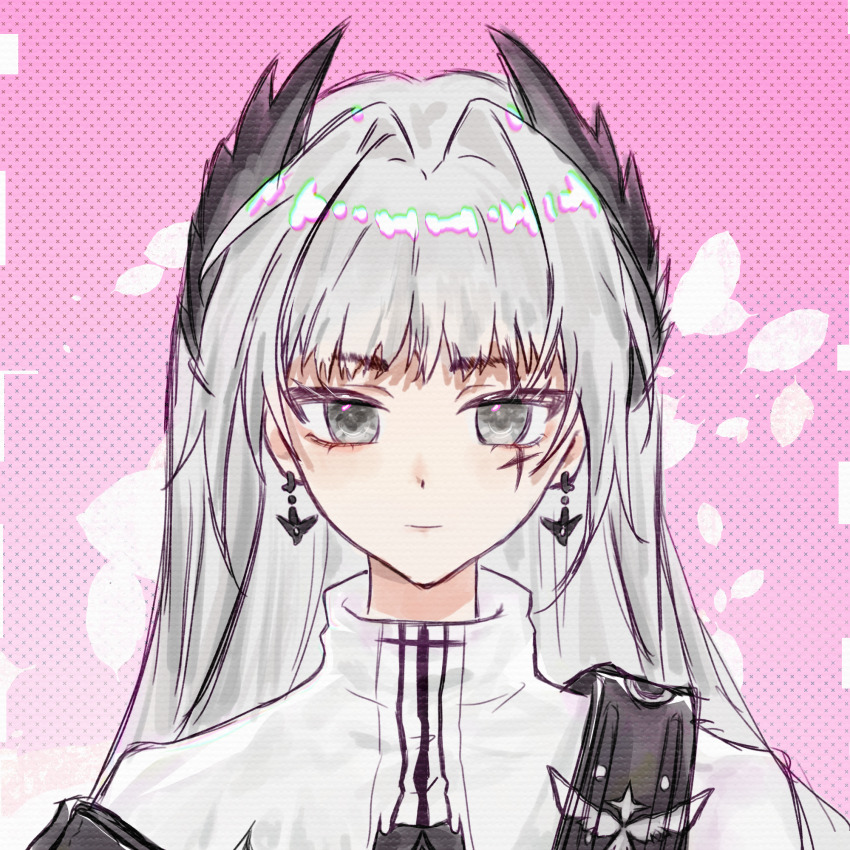 1girl, arknights, chinese_commentary, closed_mouth, commentary_request, earrings, grey_eyes, grey_hair