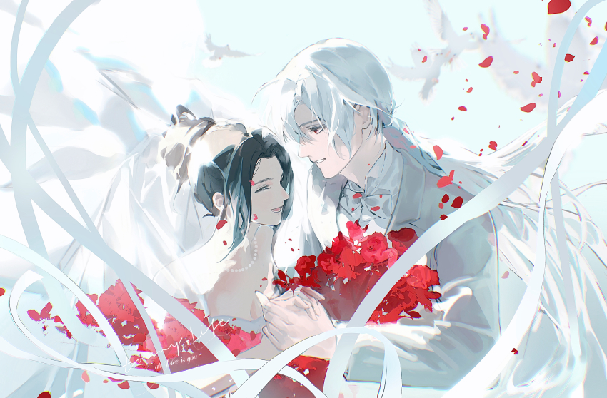 1boy, 1girl, :d, ^_^, absurdres, albino, bridal_veil, closed_eyes