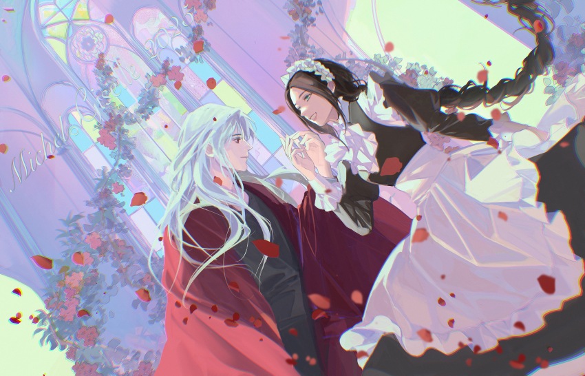 1boy, 1girl, 2025, absurdres, albino, apron, black_dress, black_hair