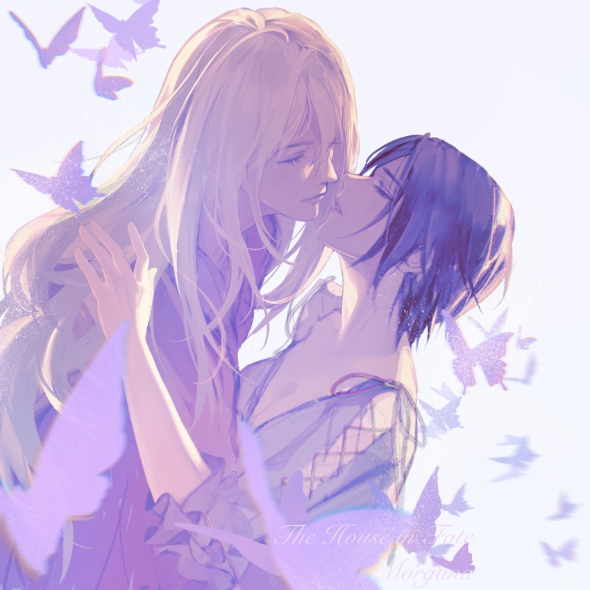 1boy, 1girl, absurdres, bug, butterfly, closed_eyes, copyright_name, couple