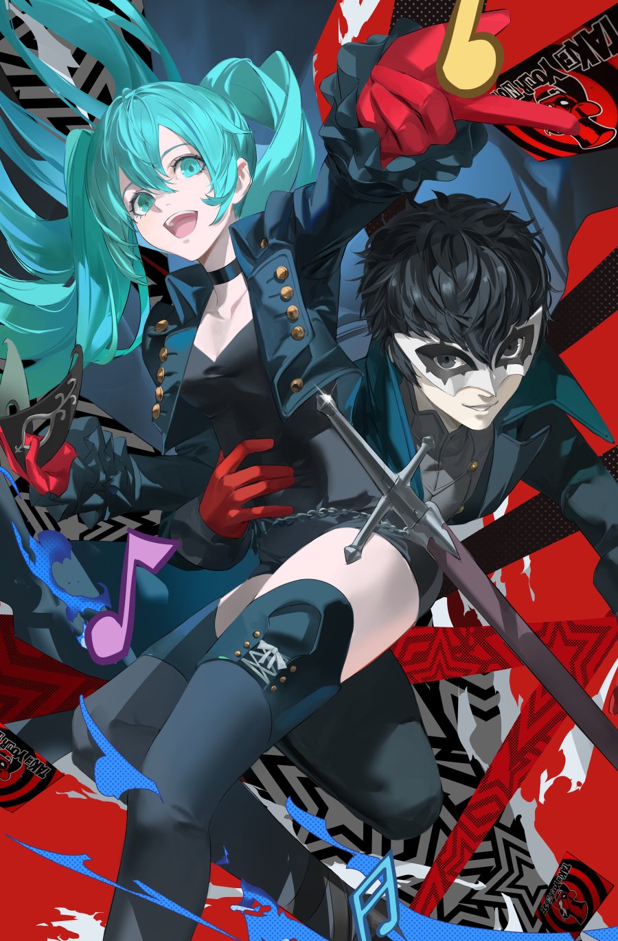 1boy, 1girl, amamiya_ren, aqua_eyes, aqua_hair, black_choker, black_eyes, black_hair, black_jacket, black_leotard, blazpu, calling_card, carrying, carrying_person, choker, cosplay, cropped_jacket, crossover, floating_hair, frilled_sleeves, frills, gloves, grin, hatsune_miku, highres, holding, holding_mask, jacket, joker_(persona_5), leotard, long_hair, long_sleeves, looking_at_viewer, mask, masked, official_alternate_costume, persona, persona_5, persona_5_the_royal, red_gloves, short_hair, smile, sword, teeth, twintails, upper_teeth_only, very_long_hair, violet_(persona_5), violet_(persona_5)_(cosplay), vocaloid, weapon, white_mask, yoshizawa_kasumi