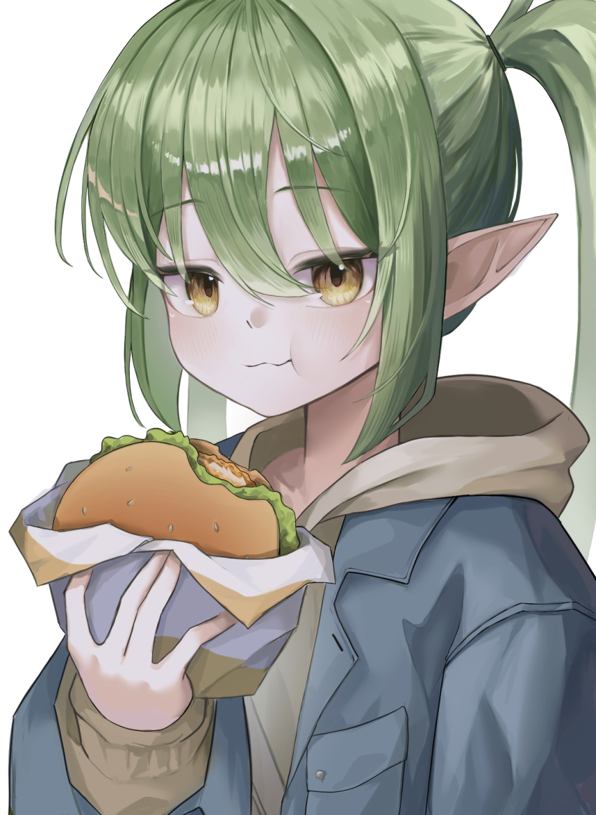 1girl, blue_archive, blue_jacket, blush, burger, eating, food, green_hair