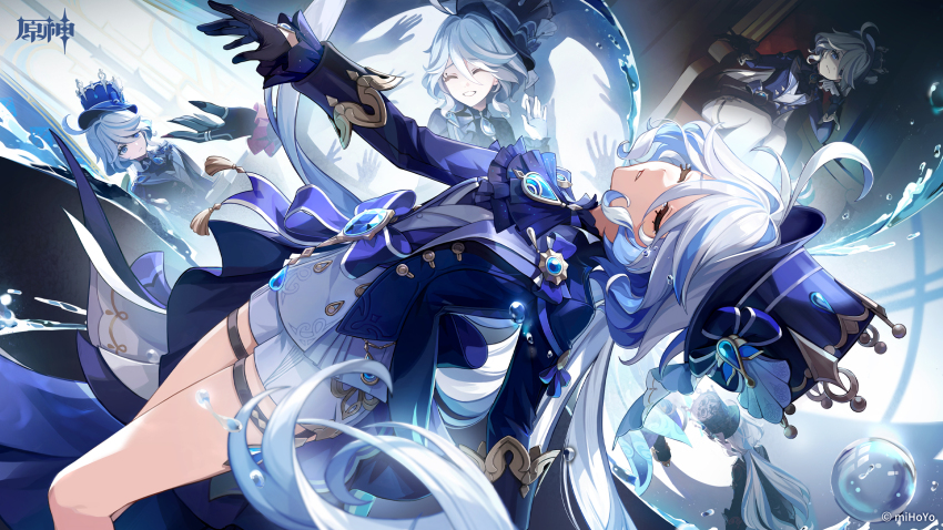 2girls, ahoge, arlecchino_(genshin_impact), ascot, asymmetrical_gloves, bad_link, black_ascot, black_gloves