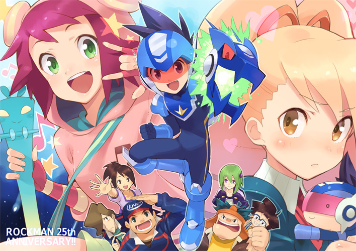 3girls, 6+boys, aaron_boreal_(mega_man), anniversary, assault_visor, black_eyes, black_hair, blonde_hair
