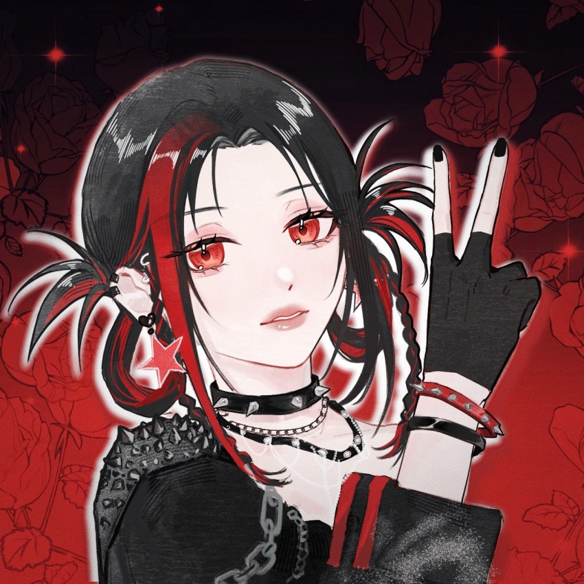 1girl, black_choker, black_gloves, black_hair, black_jacket, black_nails, black_shirt, bow