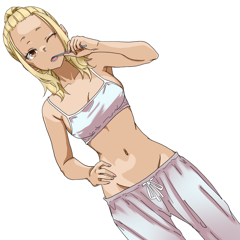 1girl, blonde_hair, bra, breasts, brown_eyes, cleavage, collarbone, commentary_request