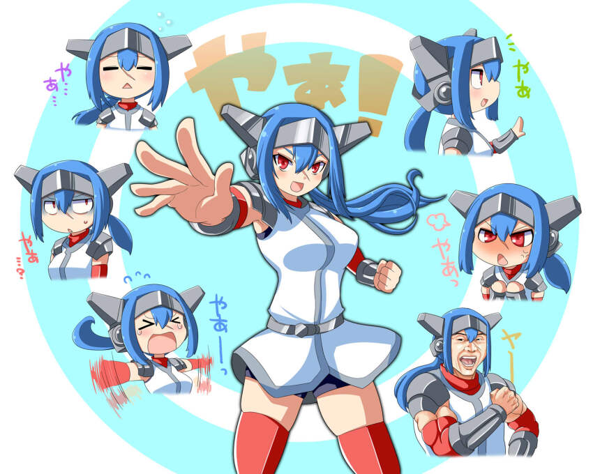 >_<, 1girl, anger_vein, black_shorts, blue_hair, blush, breasts, clenched_hand