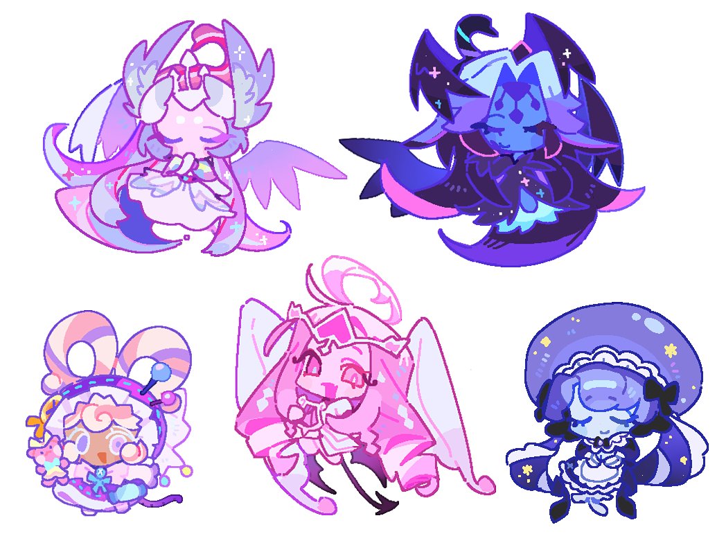 5girls, apron, black_bow, black_dress, black_sugar_swan_cookie, black_wings, blue_hair, blue_skin, bow, chis74, circlet, closed_eyes, closed_mouth, colored_skin, cookie_run, cookie_run:_kingdom, cookie_run:_ovenbreak, dress, eternal_sugar_cookie, frilled_jellyfish_cookie, frilled_jellyfish_cookie_(friendly_hotel_maid), gloves, hair_bow, halo, head_wings, jellyfish_girl, lollipop_cookie, lollipop_cookie_(attic's_little_stitcher), long_hair, low_twintails, multiple_girls, pink_eyes, pink_hair, simple_background, smile, sugar_swan_cookie, twintails, very_long_hair, white_apron, white_background, white_dress, white_gloves, white_wings, wings