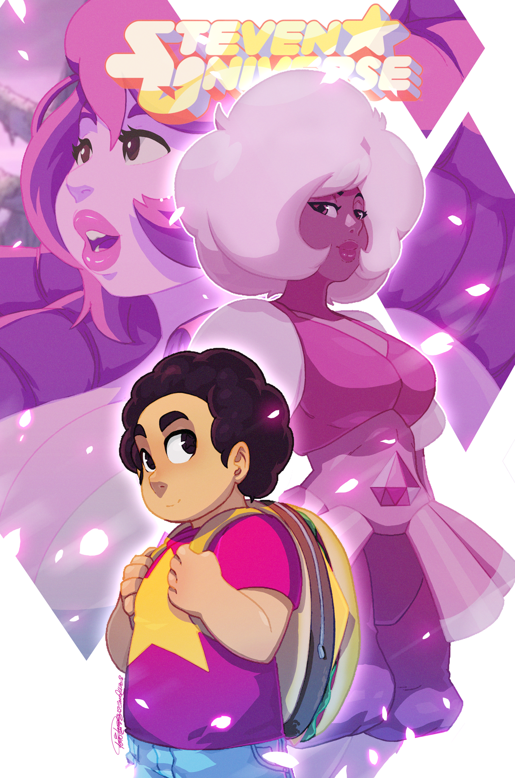 1boy, 2girls, child, curly_hair, gem, gem_(steven_universe), highres, long_hair, mother_and_child, mother_and_son, multiple_girls, parent_and_child, pink_diamond_(steven_universe), pink_hair, puffy_lips, rose_quartz_(species)_(steven_universe), rose_quartz_(steven_universe), smile, spoilers, steven_quartz_universe, steven_universe, stomach_jewel, tovio_rogers