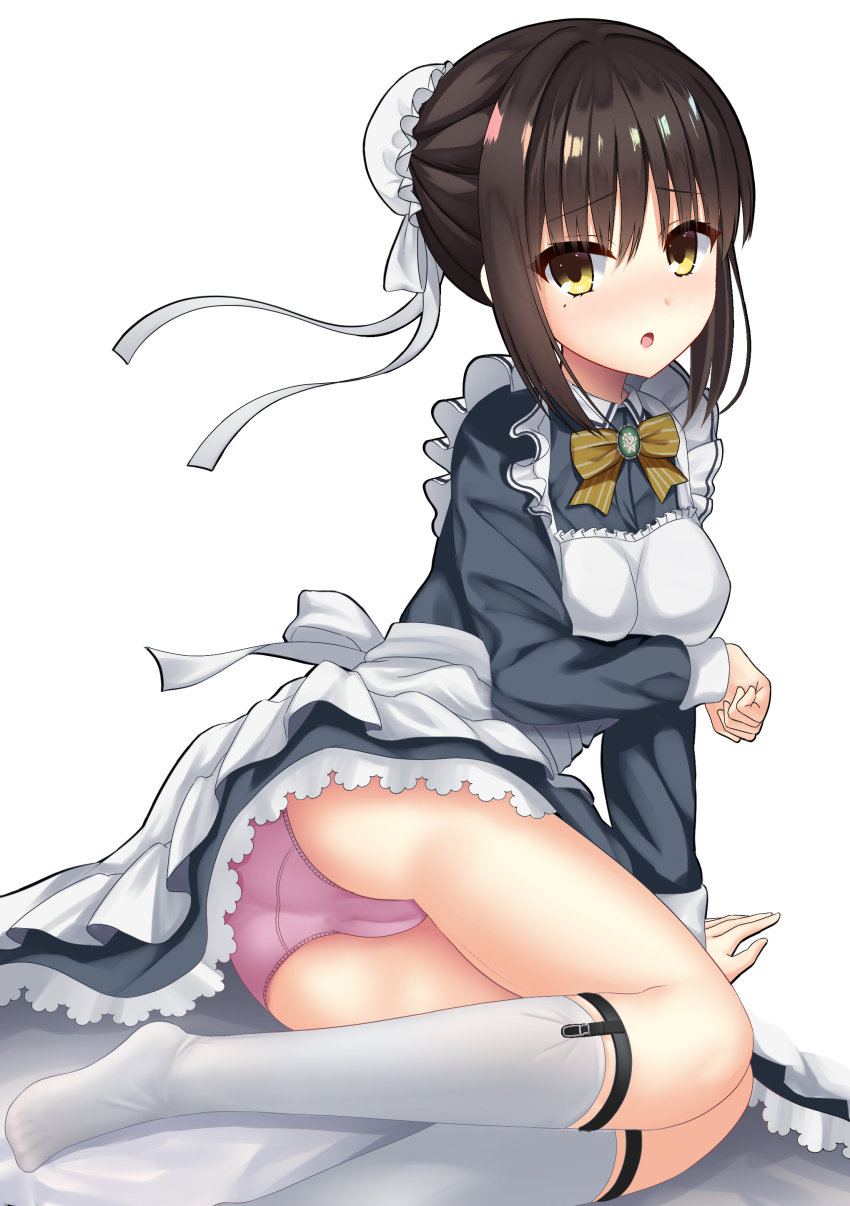 1girl, :o, absurdres, ankle_strap, apron, arm_support, arm_under_breasts, ass, black_dress, black_hair, blush, bow, bowtie, breasts, brooch, bun_cover, cafe_stella_to_shinigami_no_chou, cameltoe, commentary, dress, embarrassed, eternalfeatherx, eyes_visible_through_hair, foot_out_of_frame, frilled_apron, frilled_dress, frills, hair_between_eyes, hair_bun, hair_ribbon, hand_up, highres, jewelry, kneehighs, legs, long_sleeves, looking_at_viewer, maid, maid_apron, medium_breasts, medium_hair, mole, mole_under_eye, no_shoes, nose_blush, open_mouth, panties, pink_panties, ribbon, shiki_natsume, sidelocks, single_hair_bun, sitting, socks, solo, striped_bow, striped_bowtie, striped_clothes, thighs, underwear, white_apron, white_background, white_ribbon, white_socks, yellow_bow, yellow_bowtie, yellow_eyes, yokozuwari