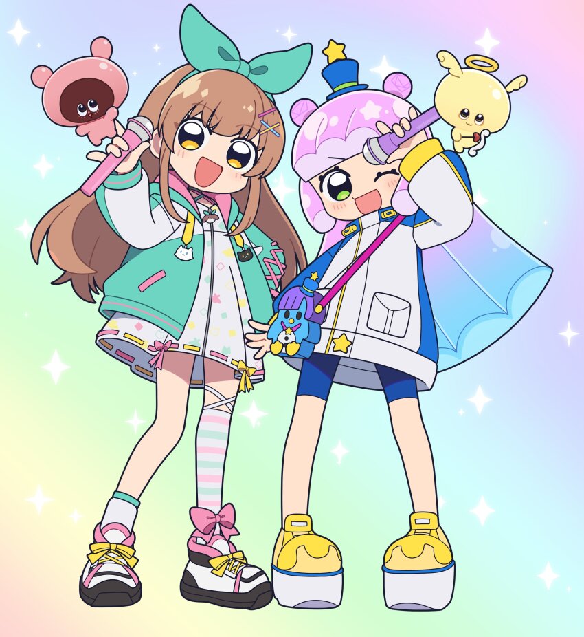 2girls, absurdres, airun, angelrun, animal_ornament, anime_coloring, aqua_bag, aqua_hair, arm_at_side, arrow_(projectile), artist_request, asymmetrical_legwear, bag, bike_shorts, blonde_hair, blue_bike_shorts, blue_hat, blue_shorts, blue_sleeves, blunt_bangs, blunt_ends, blunt_sidelocks, blush, bow, bow_(weapon), bow_legwear, brown_hair, cat_ornament, creature, criss-cross_halter, cross-laced_clothes, cross-laced_legwear, cross-laced_sleeves, dog_ornament, dot_nose, double_bun, drawstring, dress, eyelashes, facing_viewer, footwear_ribbon, full_body, gradient_background, gradient_hair, green_eyes, green_hairband, green_hood, green_jacket, green_sleeves, hair_bun, hair_ornament, hairband, hairclip, half_updo, halo, halter_dress, halterneck, hat, hat_ornament, head_tilt, heart, heart_arrow, highres, holding, holding_microphone, hood, hooded_jacket, horizontal-striped_clothes, horizontal-striped_thighhighs, indie_utaite, indie_virtual_youtuber, jacket, legs_apart, long_hair, long_sidelocks, looking_at_viewer, microphone, mini_hat, mini_top_hat, monster_girl, multicolored_hair, multiple_girls, nanahira, official_art, official_style, open_clothes, open_hand, open_jacket, penguin_bag, pink_bow, pink_hair, pink_ribbon, platform_shoes, pocket, print_dress, print_jacket, puniru_(puniru_wa_kawaii_slime), puniru_wa_kawaii_slime, punirunes, purple_hair, ribbon, ribbon-trimmed_skirt, ribbon_trim, second-party_source, shoes, shorts, shoulder_bag, side-by-side, sidelocks, simple_background, single_thighhigh, sleeve_cuffs, slime_(substance), slime_girl, slime_hair, smile, sneakers, socks, sparkle_background, standing, star_(symbol), star_hat_ornament, star_ornament, star_print, starry_hair, straight_hair, thighhighs, toggles, top_hat, traditional_halo, turtleneck, turtleneck_jacket, two-sided_hood, two-tone_hair, two-tone_sleeves, v-shaped_eyebrows, very_long_hair, waving, weapon, white_dress, white_jacket, white_shoes, white_sleeves, white_socks, white_thighhighs, x_hair_ornament, yellow_halo, yellow_ribbon, yellow_shoes