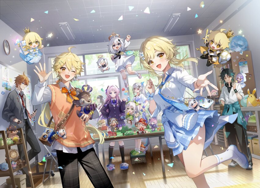 3boys, 5girls, absurdres, aether_(genshin_impact), aether_(parallels_meet_school)_(genshin_impact), alternate_costume, aranara_(genshin_impact), arataki_itto