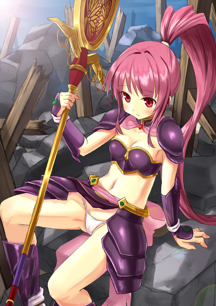 10s, 1girl, arm_support, armor, bad_id, bad_pixiv_id, bikini_armor, blush, breasts, cameltoe, cleavage, female_focus, fundoshi, japanese_clothes, long_hair, medium_breasts, mitsuba_aoi_(tokugawa_mon), navel, nemo_(piisukun), pauldrons, pink_hair, ponytail, red_eyes, ruins, sengoku_otome, shoulder_armor, sitting, solo, staff, tokugawa_ieyasu_(sengoku_otome), very_long_hair