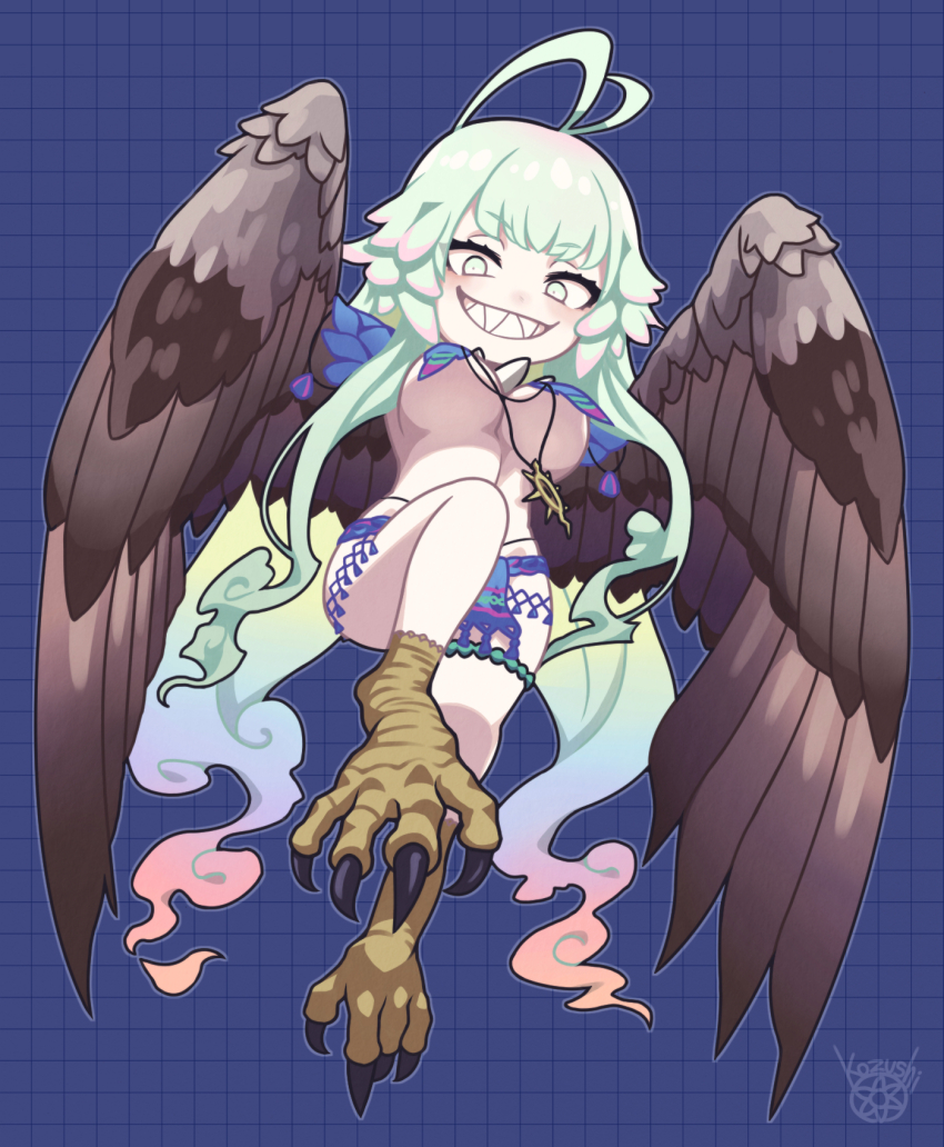 ahoge, artist_name, bird_legs, blue_background, blue_loincloth, breasts, brown_feathers, brown_wings